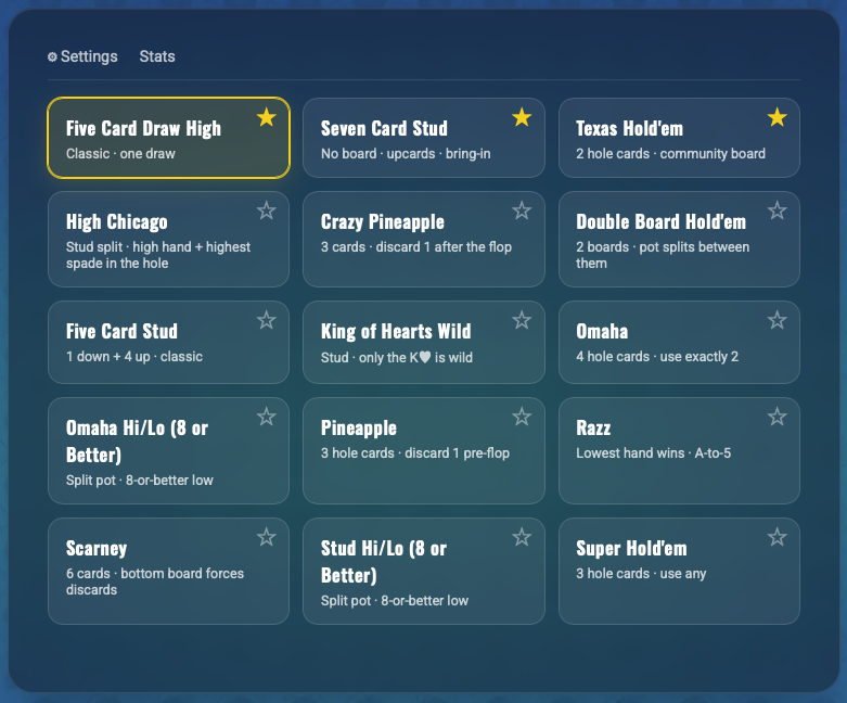 The game picker showing fifteen poker variants including Five Card Draw, Seven Card Stud, High Chicago, Scarney, Razz and Super Hold'em