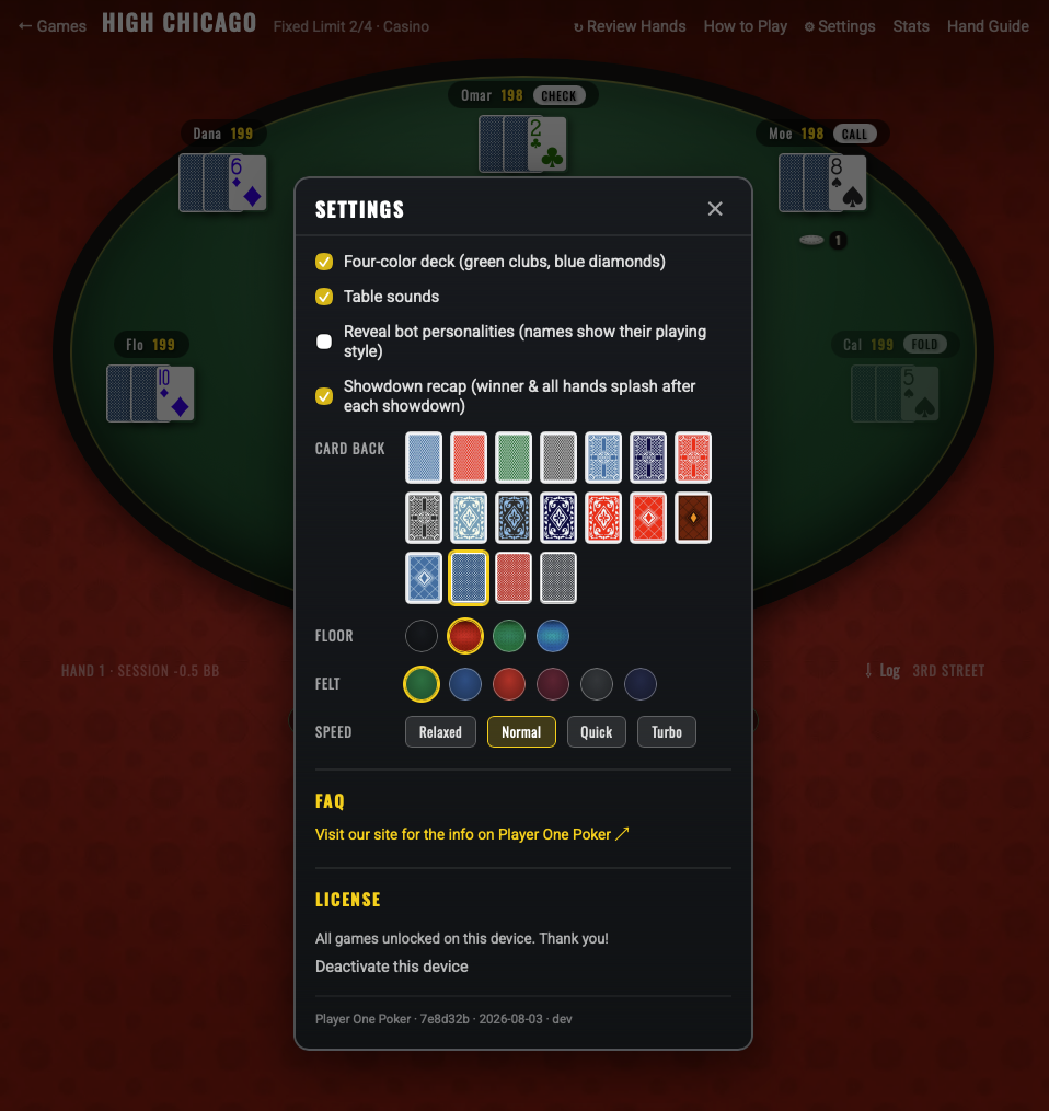 The settings panel with options for four-color deck, table sounds, card backs, floor and felt colors, and speed