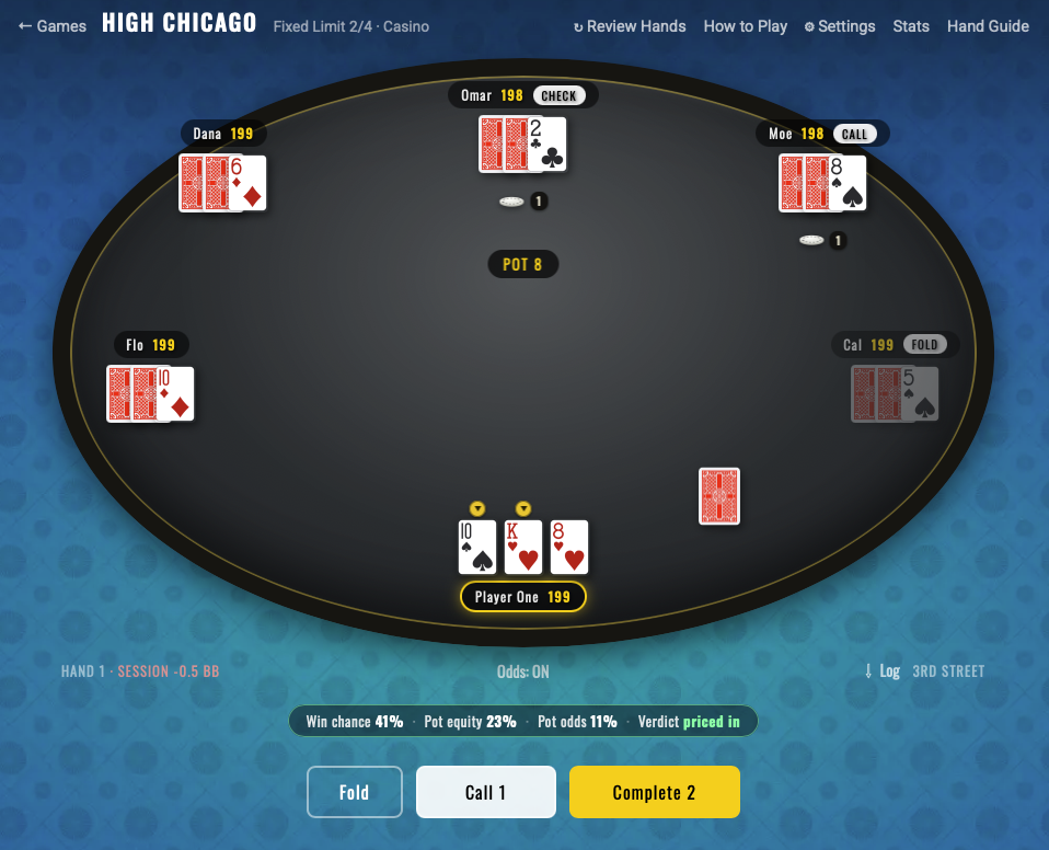 A charcoal-felt poker table on a blue floor