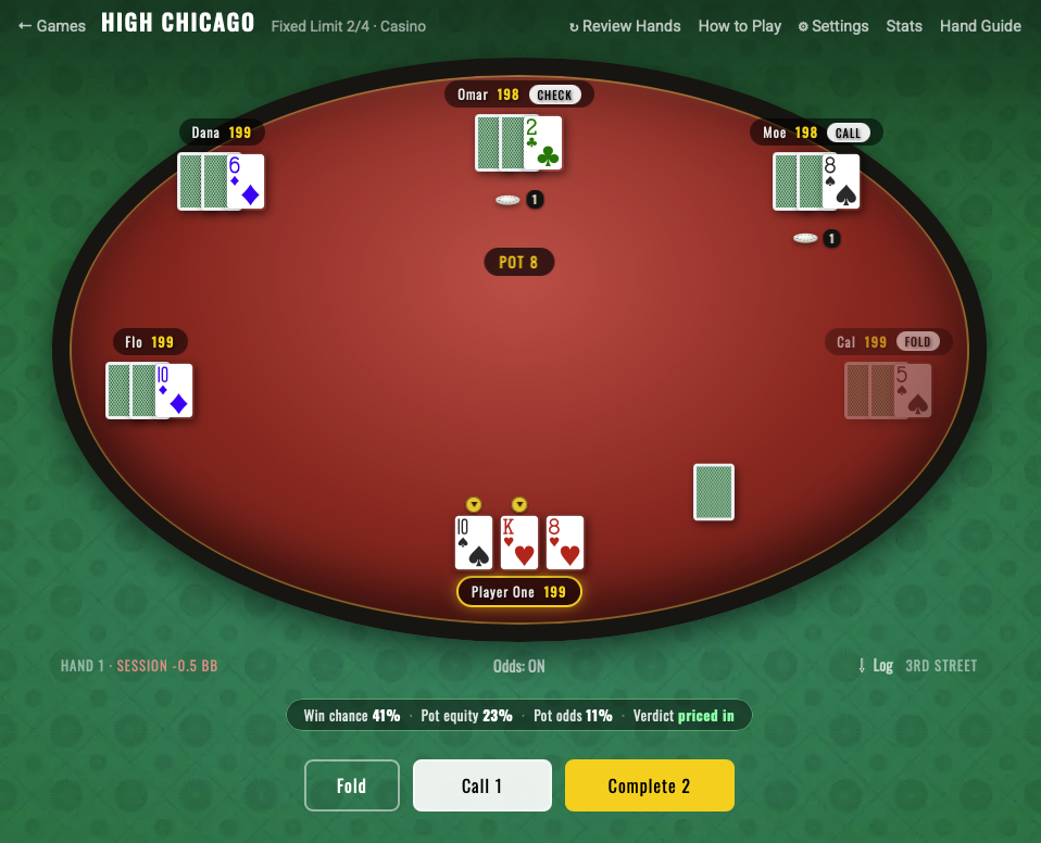 A red-felt poker table on a green floor