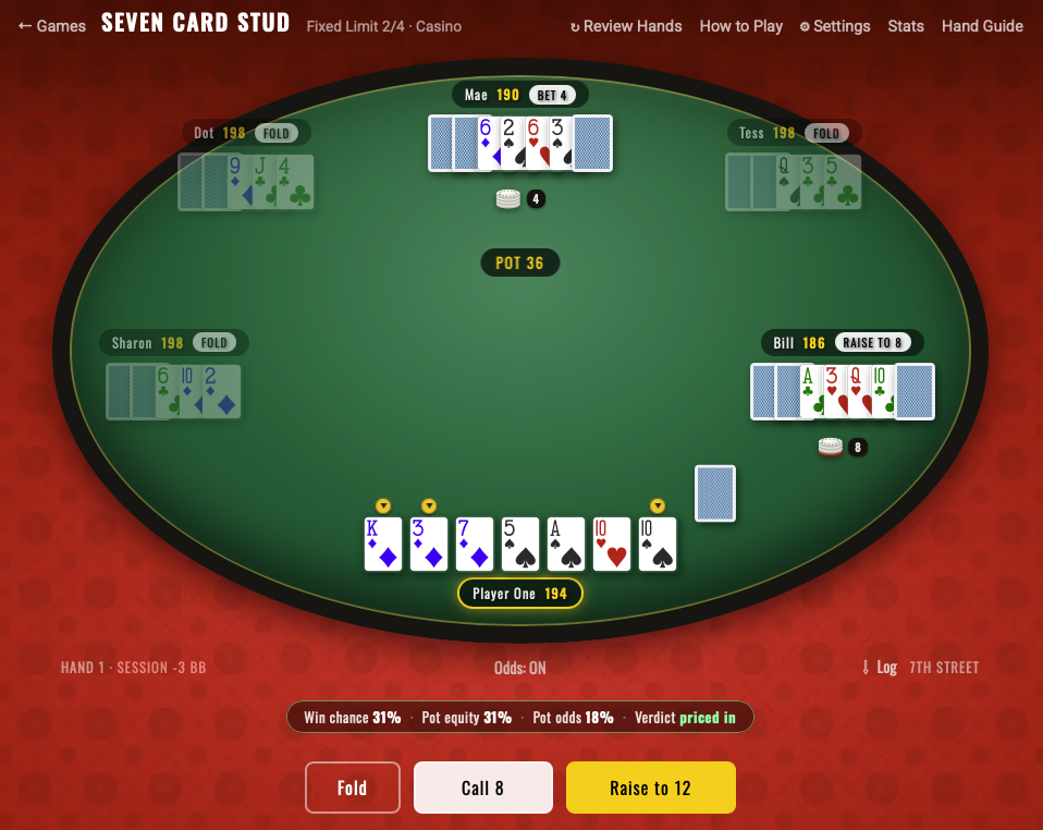 A green-felt poker table on a red floor