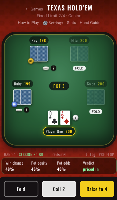 A Texas Hold'em hand in progress on mobile