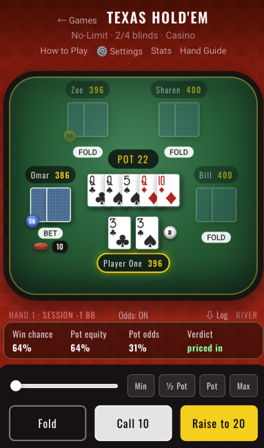 A No-Limit Texas Hold'em hand on mobile with a bet slider