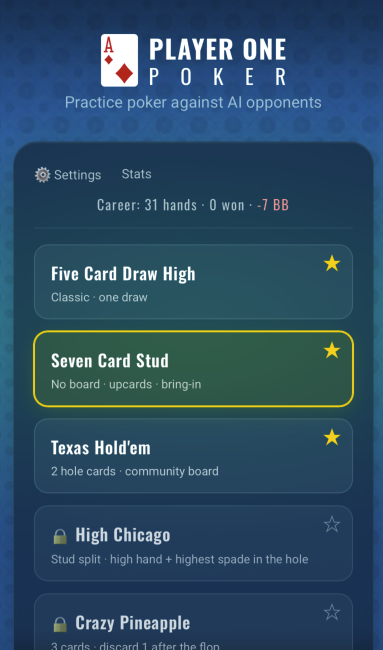 The game list on mobile